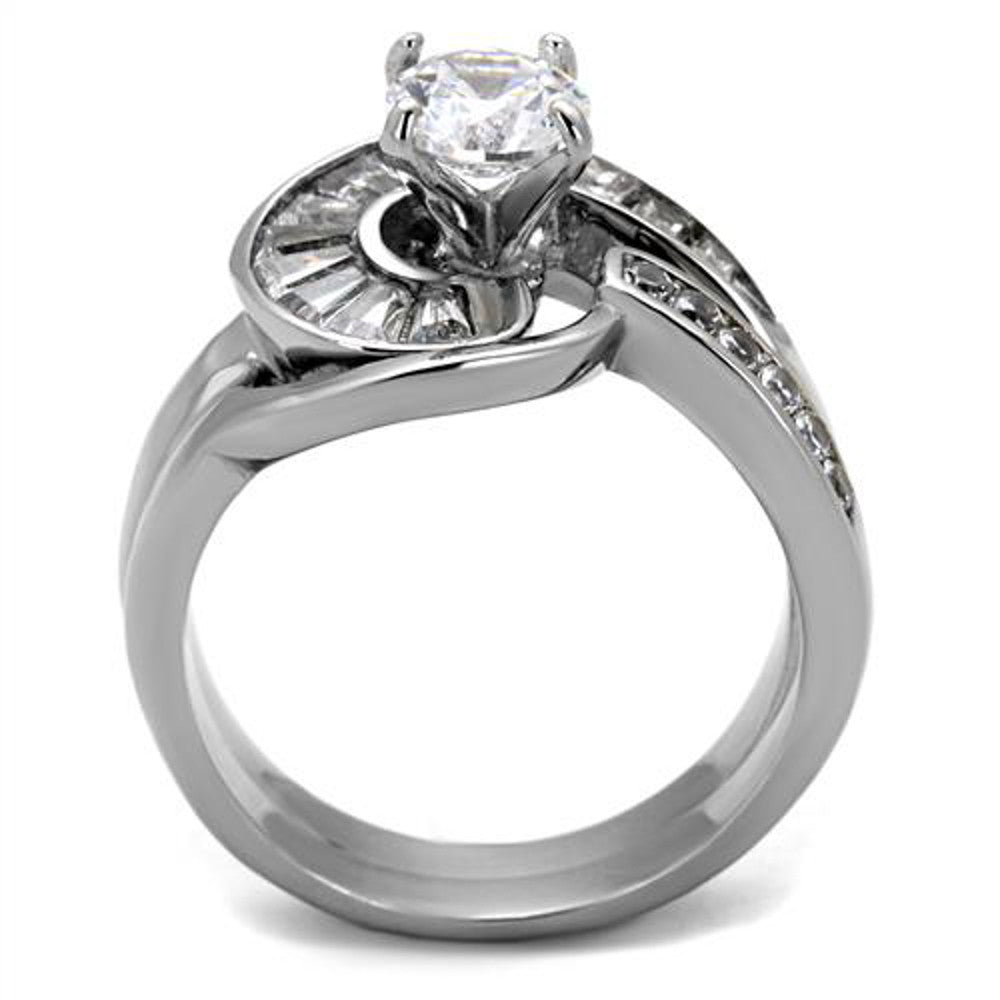 ARTK2617 Women's 1.38 Ct Round & Bagguete Cz Stainless Steel Wedding Ring Set Size 5-10